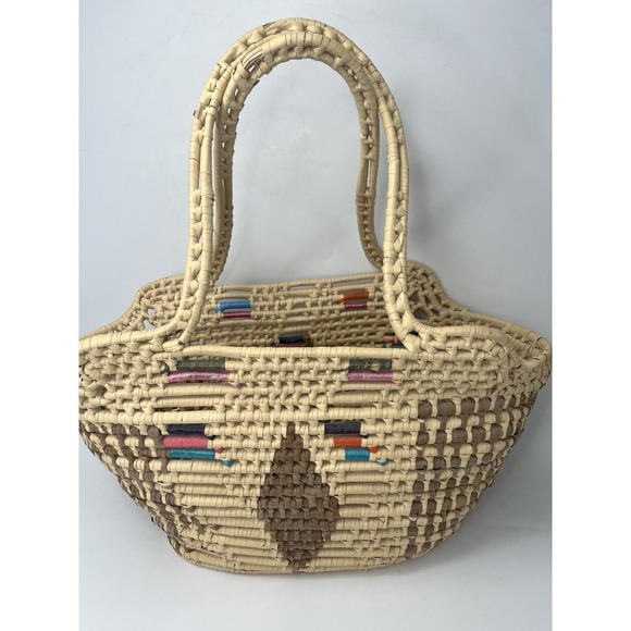 Vintage Large Straw Raffia Tote Handbag Colorful Rattan Woven Bag - Picture 2 of 13